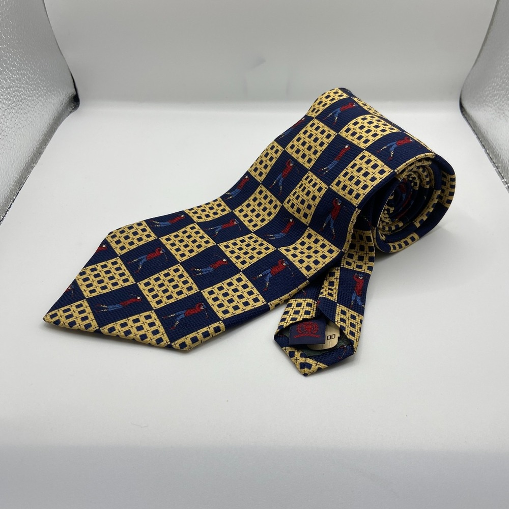 VTG Tommy Hilfiger Mens Blue Golfers Geometric Grid Silk Formal Pointed‎ NWT